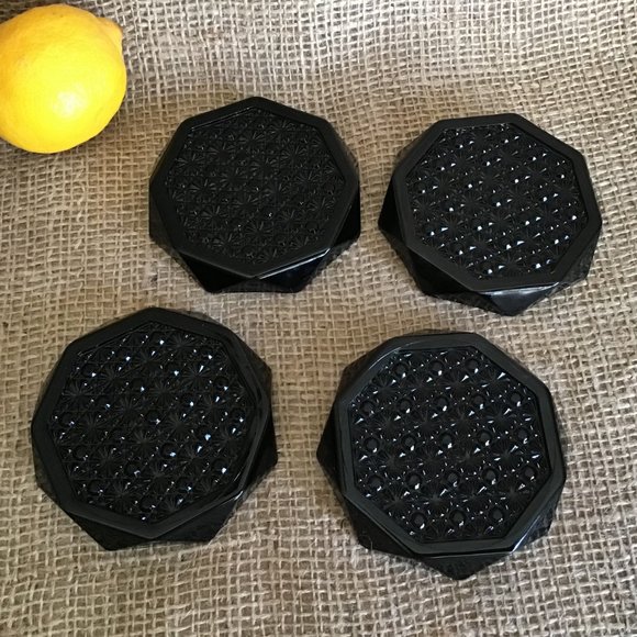 Octime Black Glass Coasters Octagonal Shape Set of 4 Vintage - Picture 3 of 3